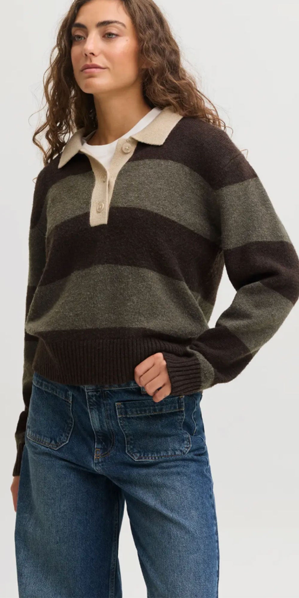 JJXX Rugby Polo Sweater, brown/khaki stripe