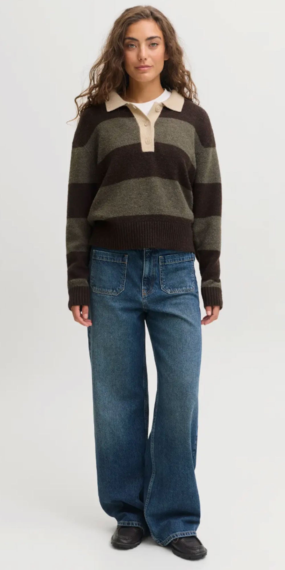 JJXX Rugby Polo Sweater, brown/khaki stripe