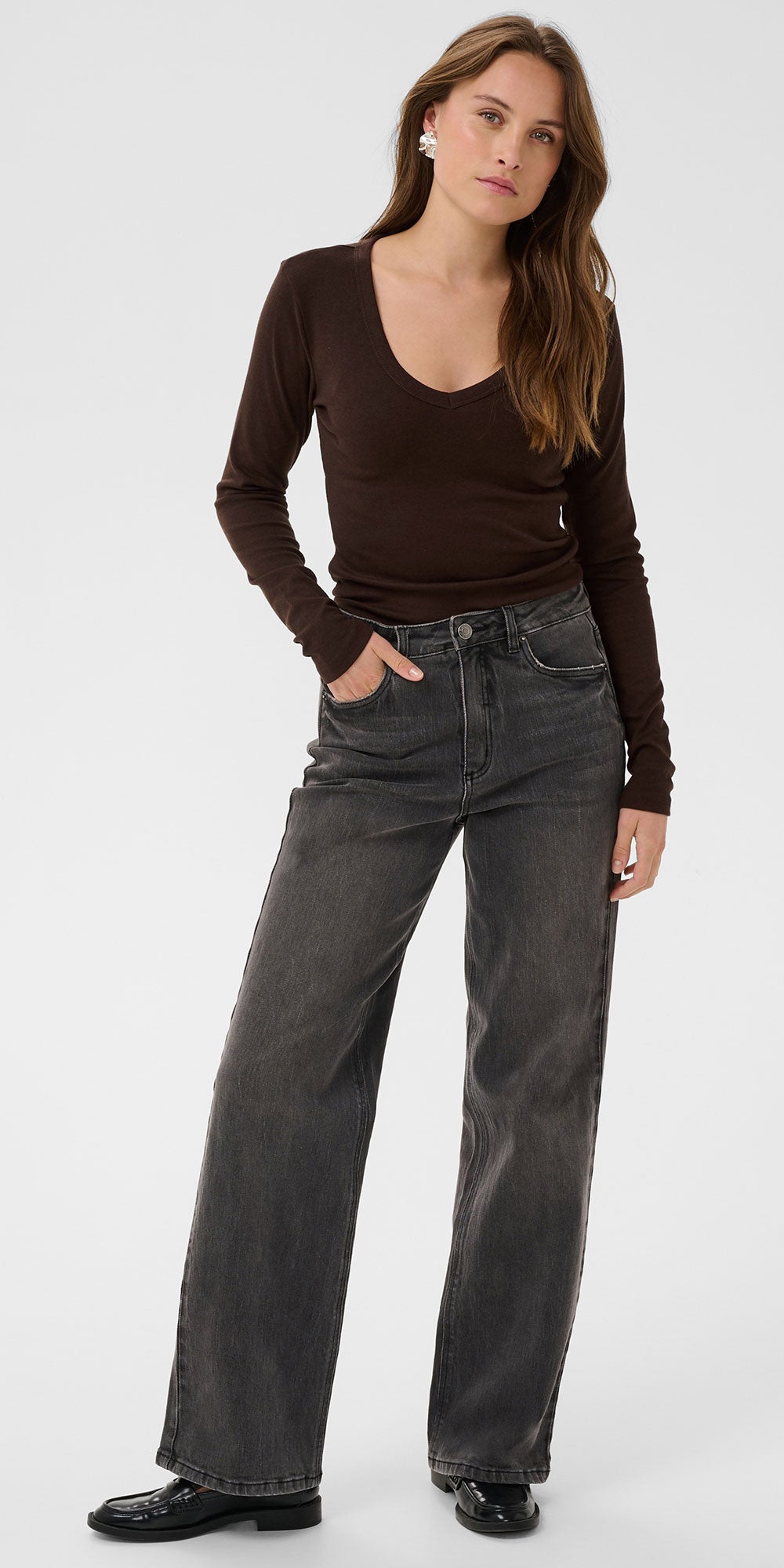 Kaffe Fitted V-neck Top, chocolate brown