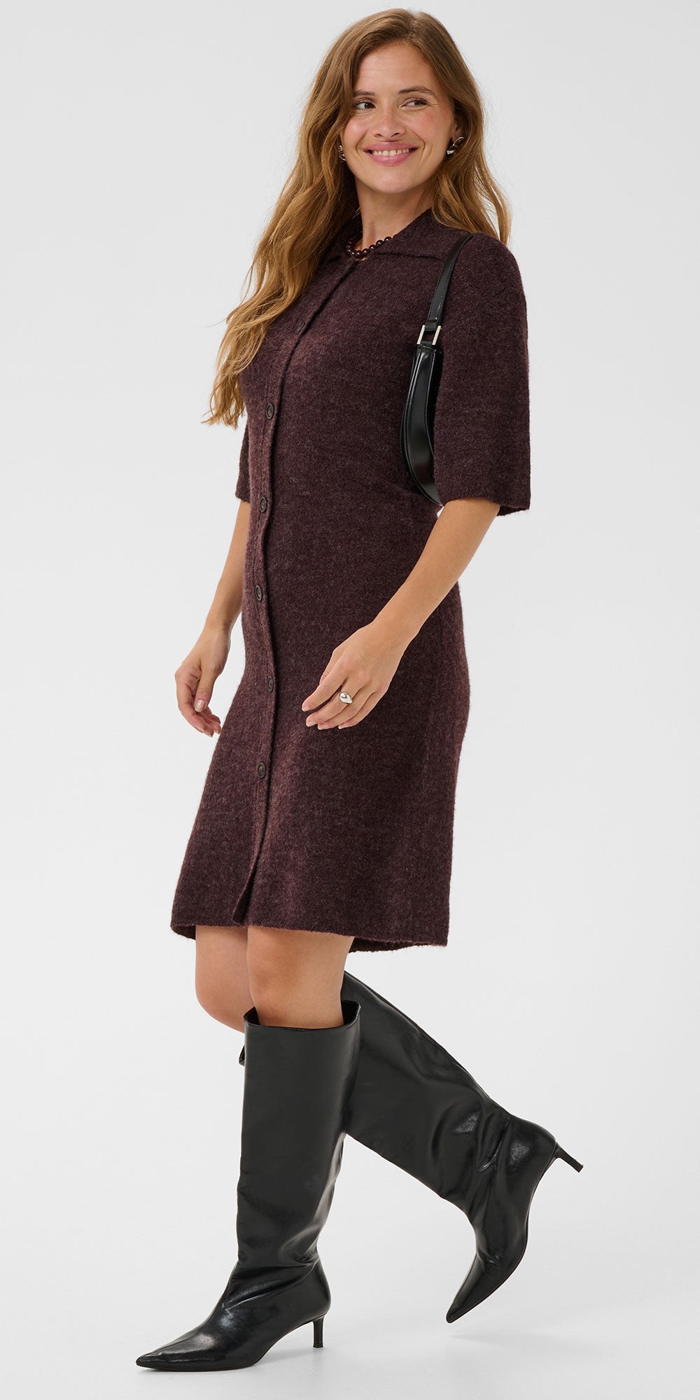 Kaffe Polo Sweater Dress, dark plum