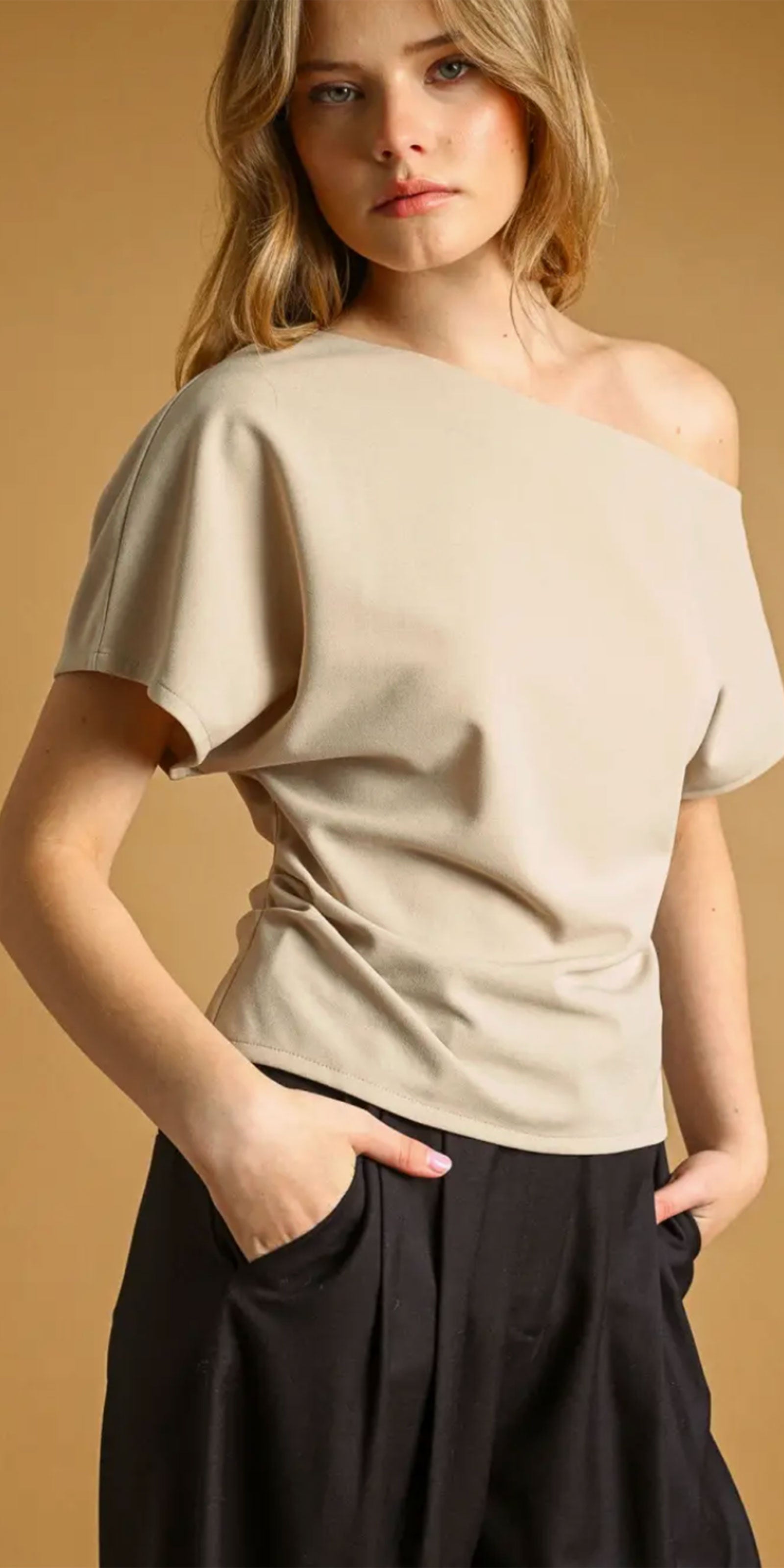 Off Shoulder Jersey Top, stone