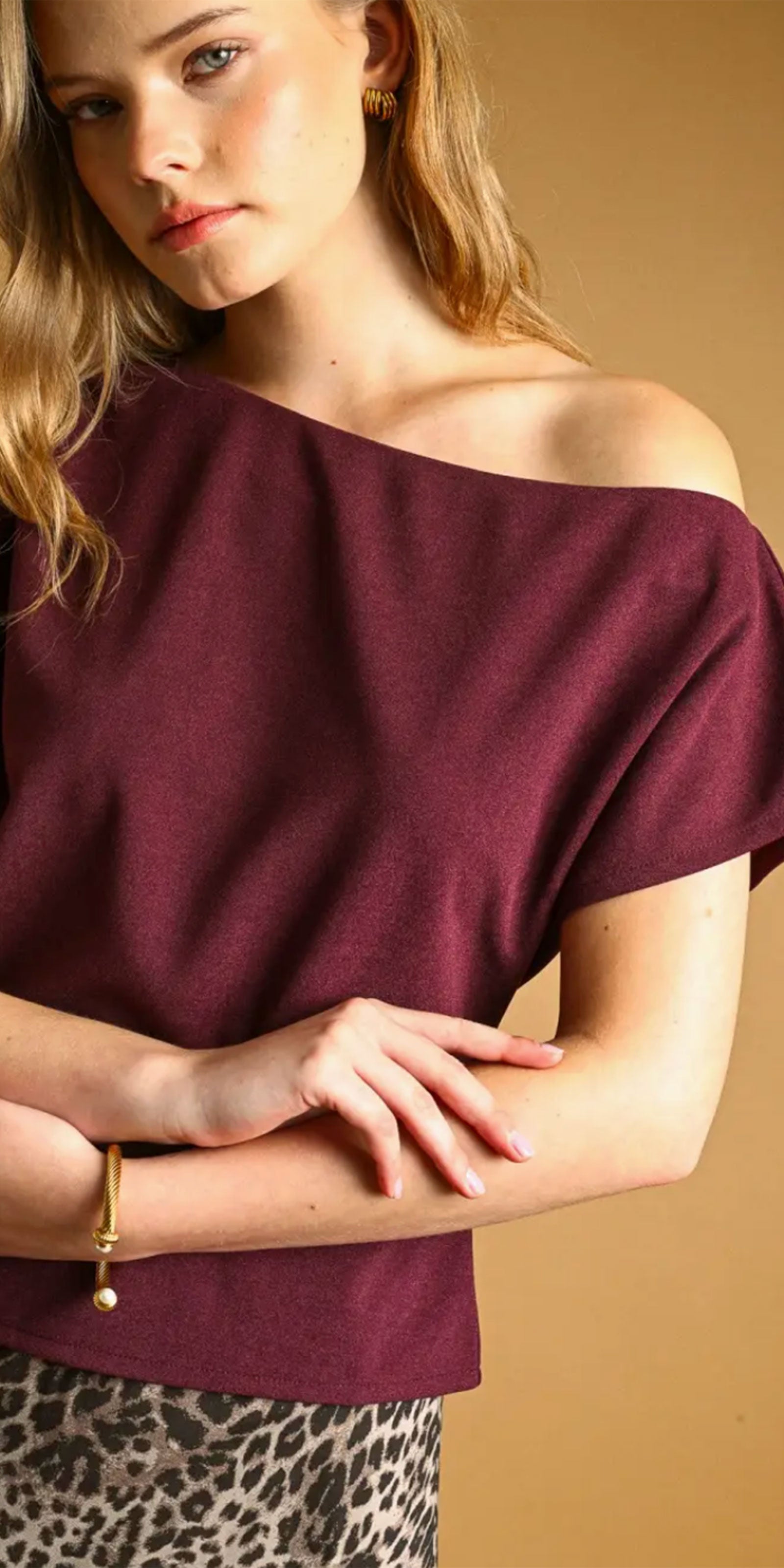 Off Shoulder Jersey Top, wine