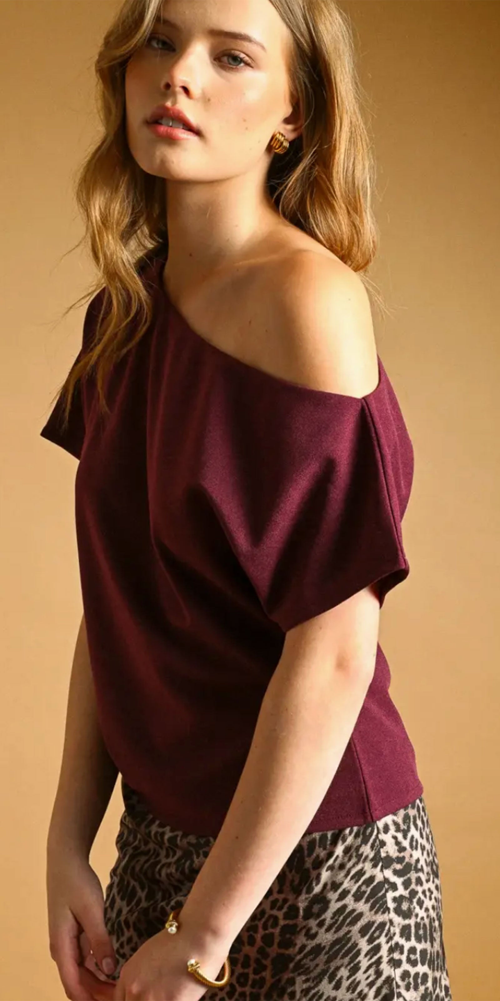 Off Shoulder Jersey Top, wine