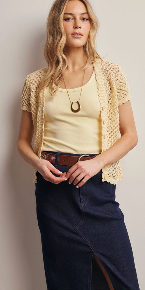 Open Knit Short Sleeve Cardy, butter yellow