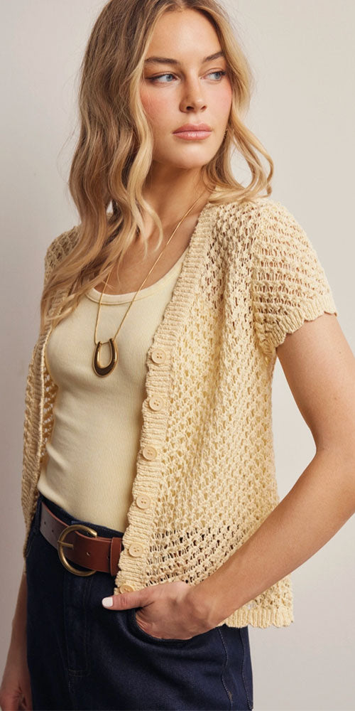 Open Knit Short Sleeve Cardy, butter yellow