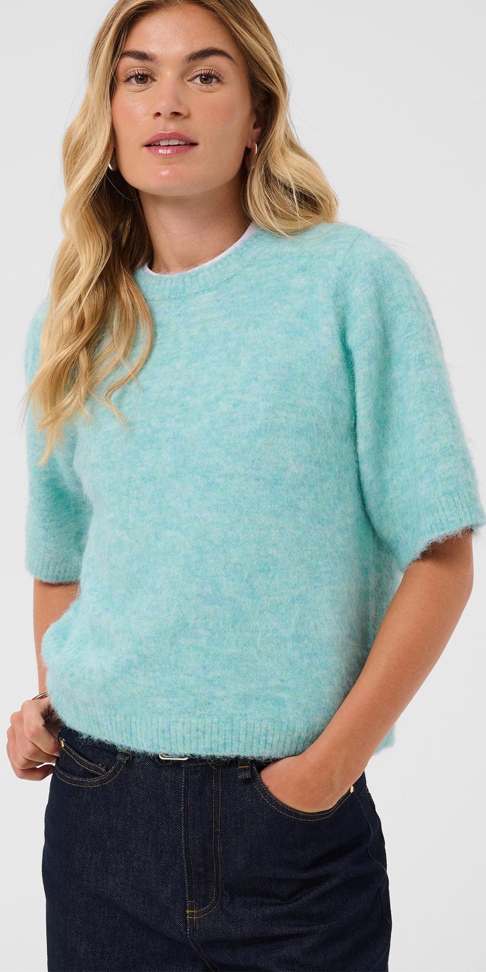 Saint Tropez Short Sleeve Sweater, aqua