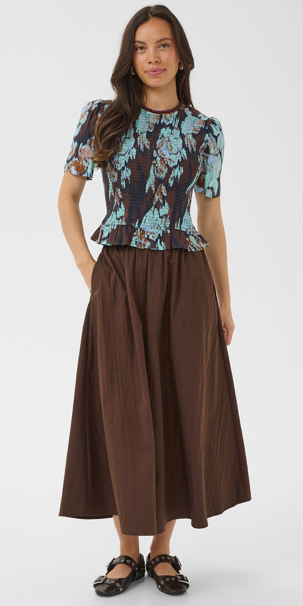 Saint Tropez Smocked Blouse, aqua/brown/navy