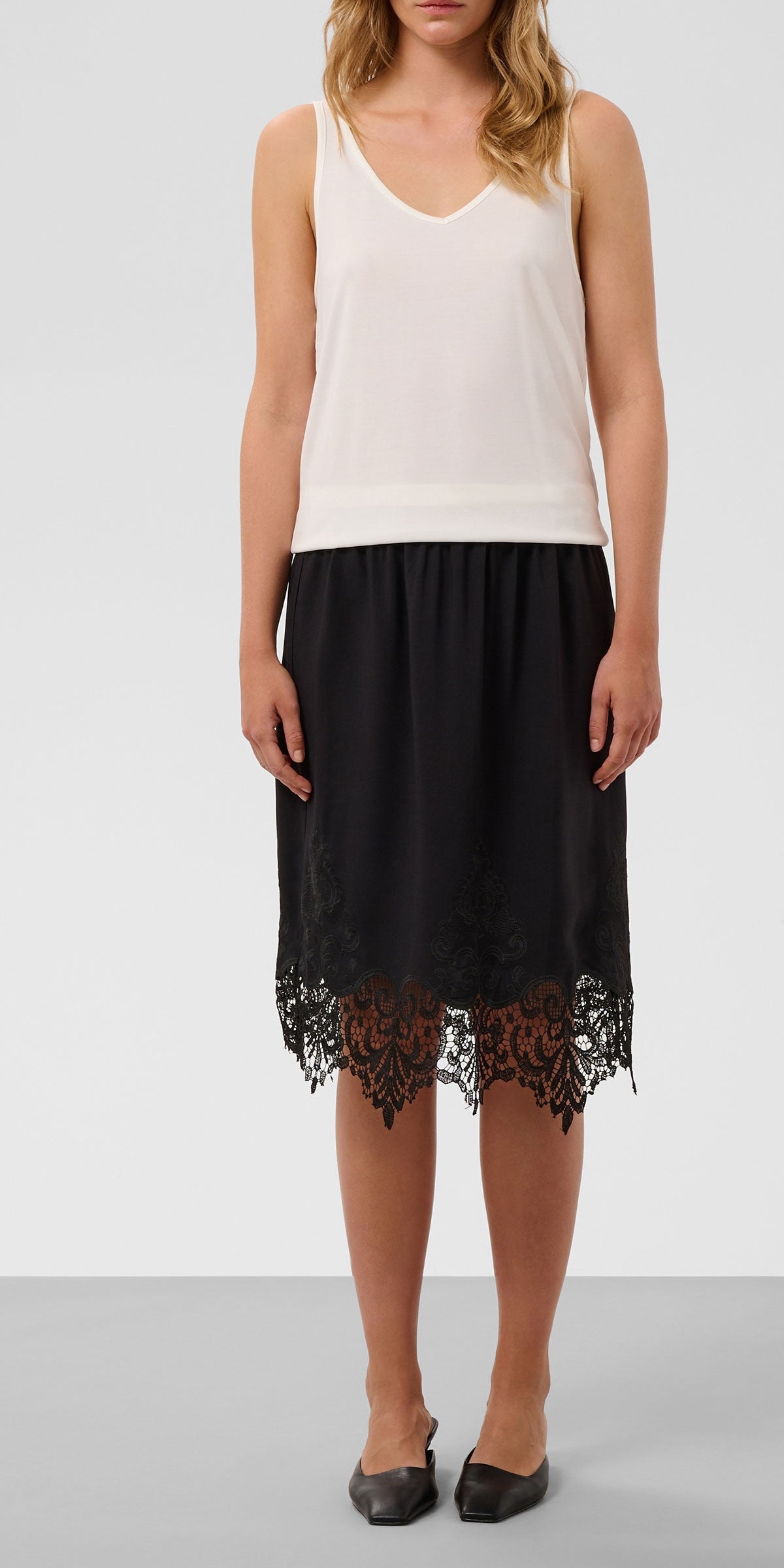 Soaked Lace Trimmed Midi Skirt, black