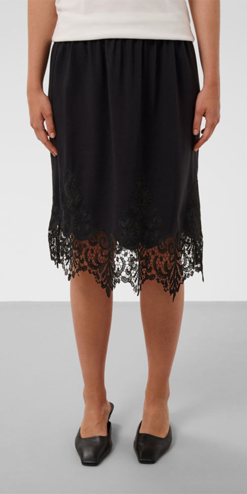 Soaked Lace Trimmed Midi Skirt, black