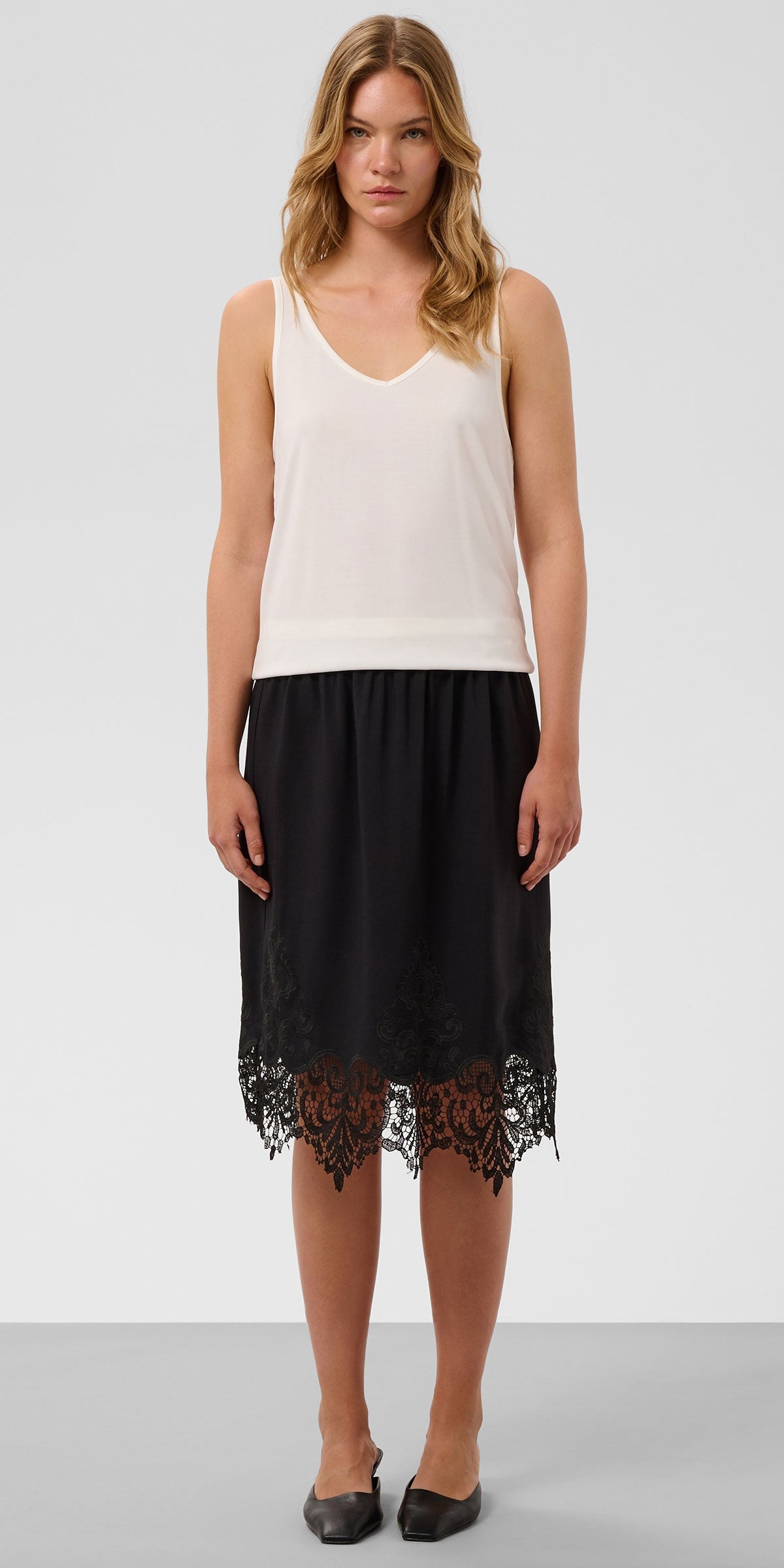 Soaked Lace Trimmed Midi Skirt, black
