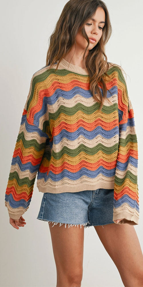 Wavy Knit Cotton Pullover