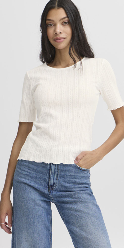 B.Young Fitted Lettuce Trim Top, off-white