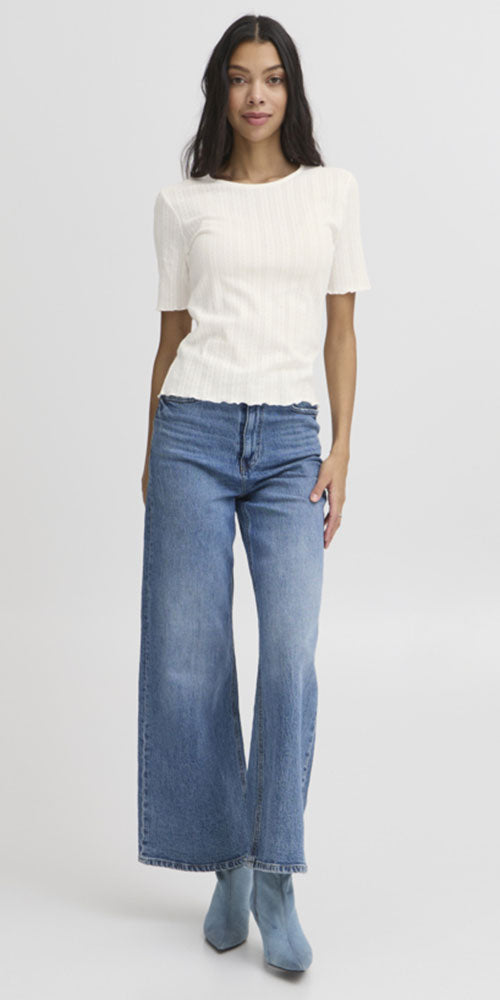 B.Young Fitted Lettuce Trim Top, off-white