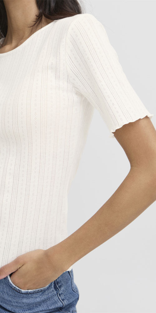 B.Young Fitted Lettuce Trim Top, off-white