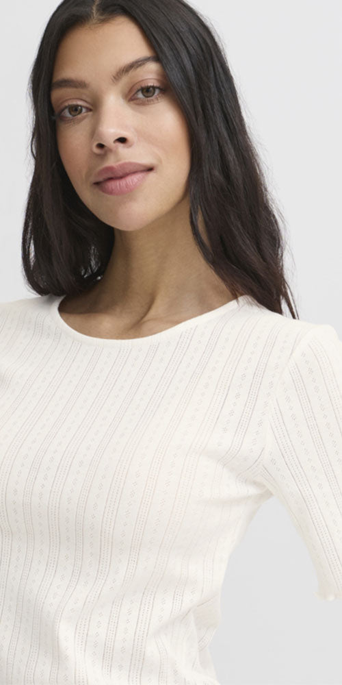 B.Young Fitted Lettuce Trim Top, off-white
