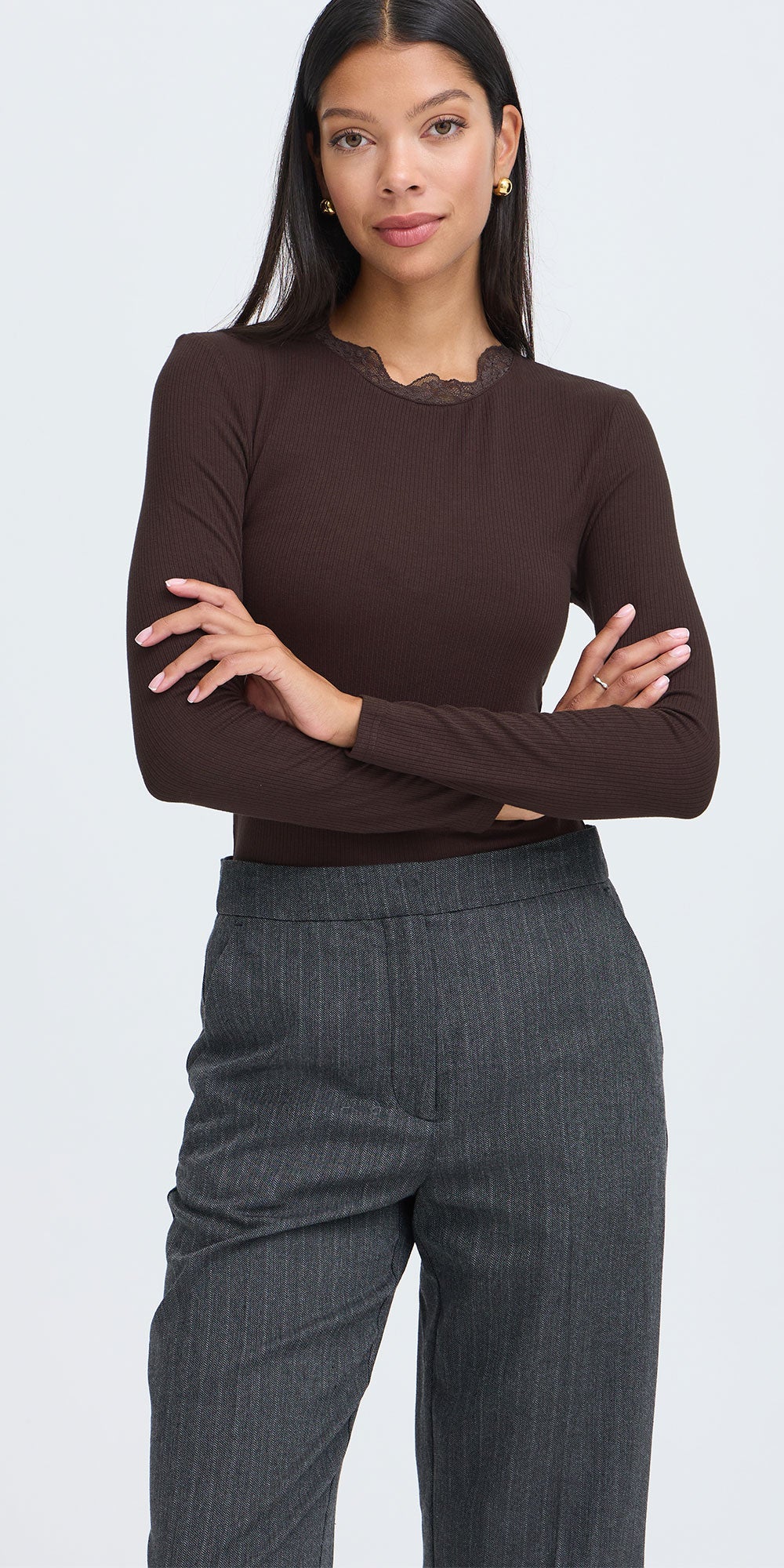 B.Young Lace Trim Ribbed Tee, chocolate brown