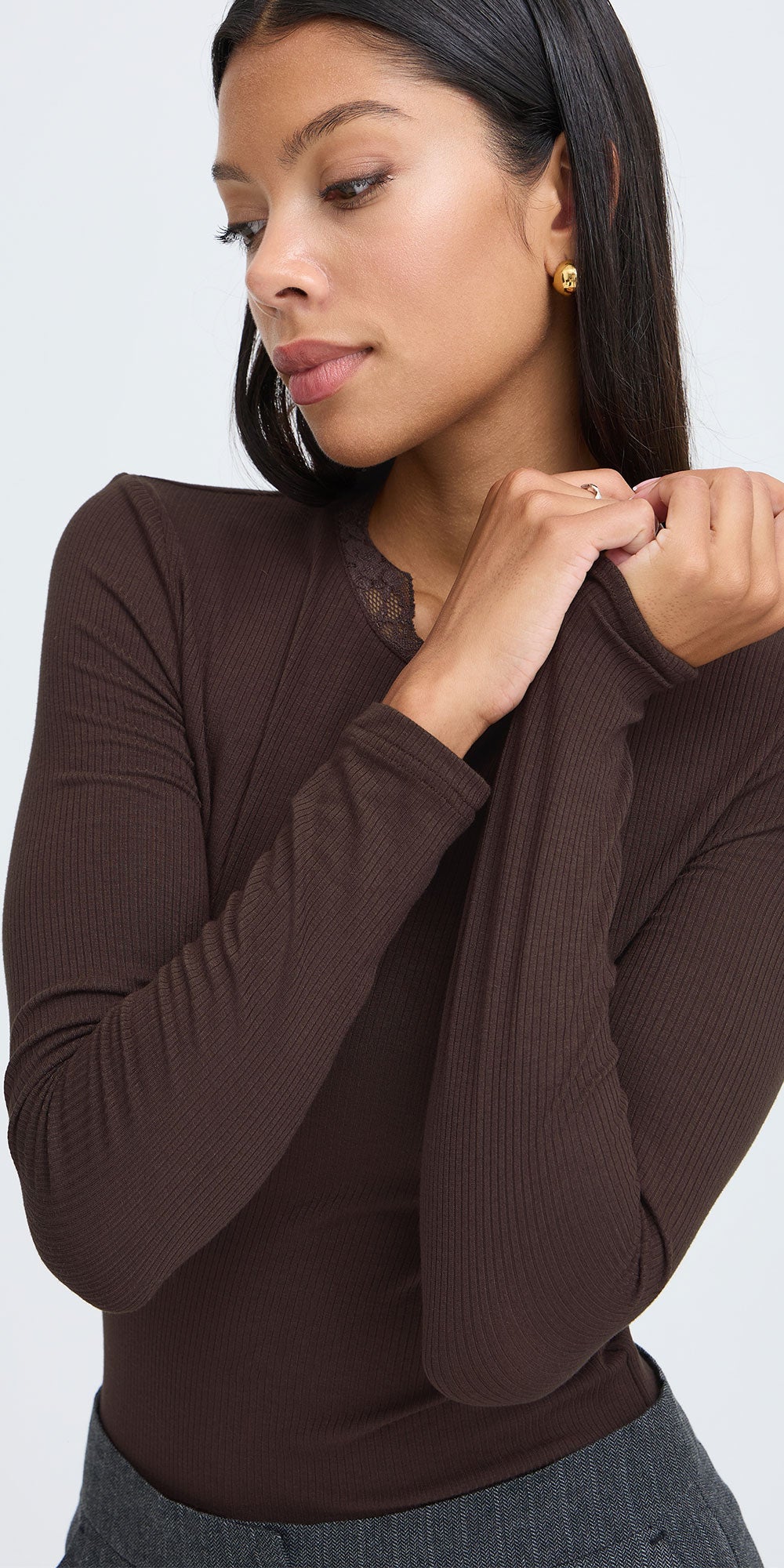 B.Young Lace Trim Ribbed Tee, chocolate brown