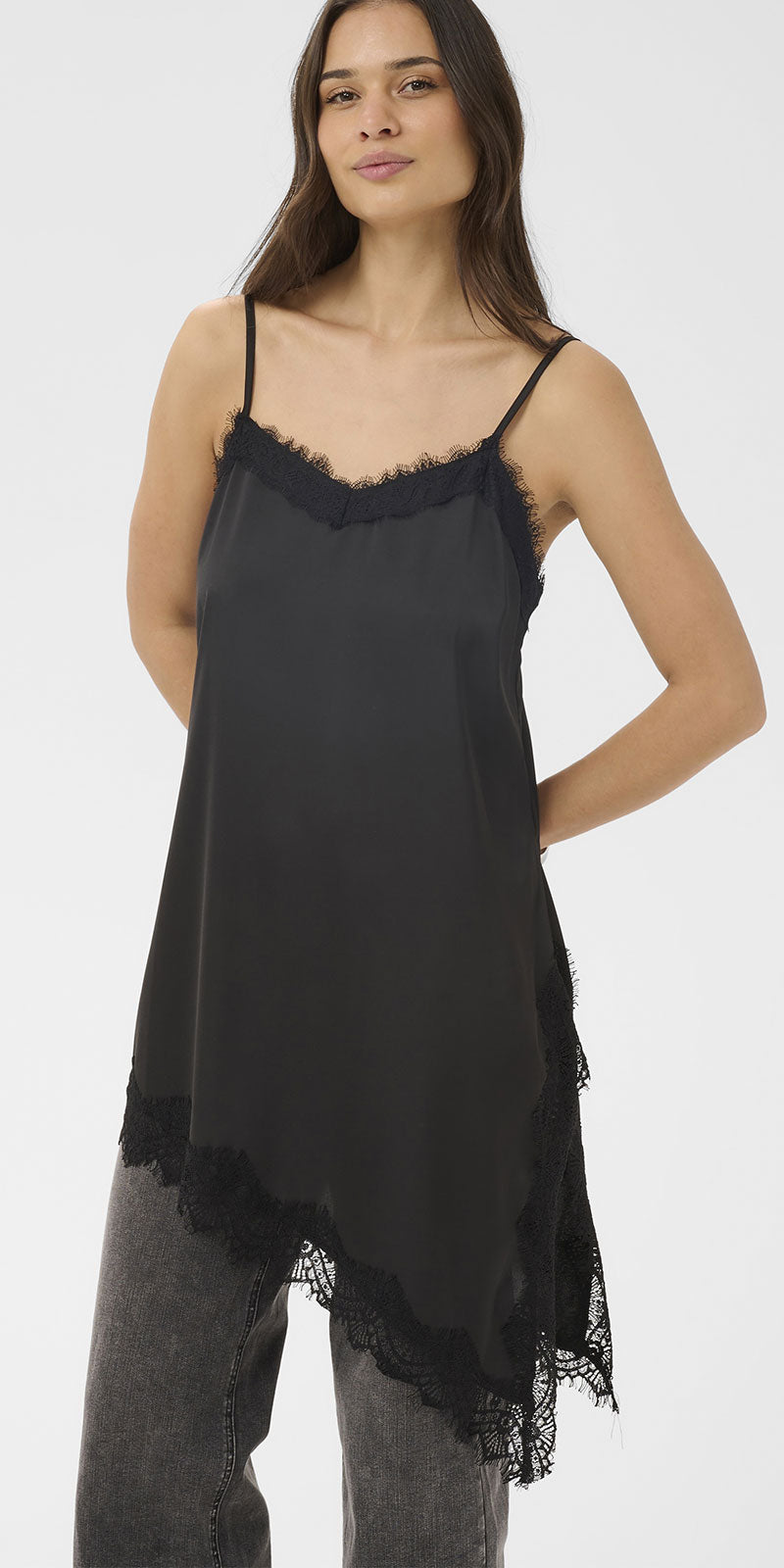 Kaffe Asymmetrical Lace Trim Cami, black