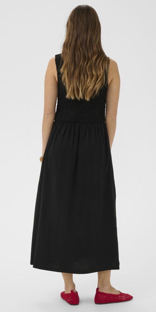 Cream Smocked Jersey Midi Dress, black