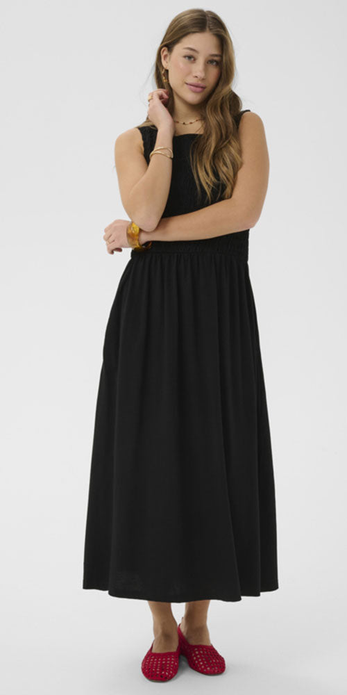 Cream Smocked Jersey Midi Dress, black
