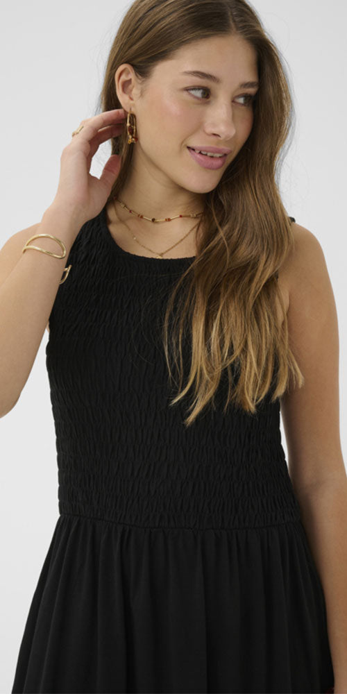 Cream Smocked Jersey Midi Dress, black