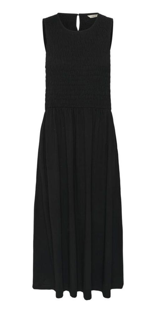 Cream Smocked Jersey Midi Dress, black