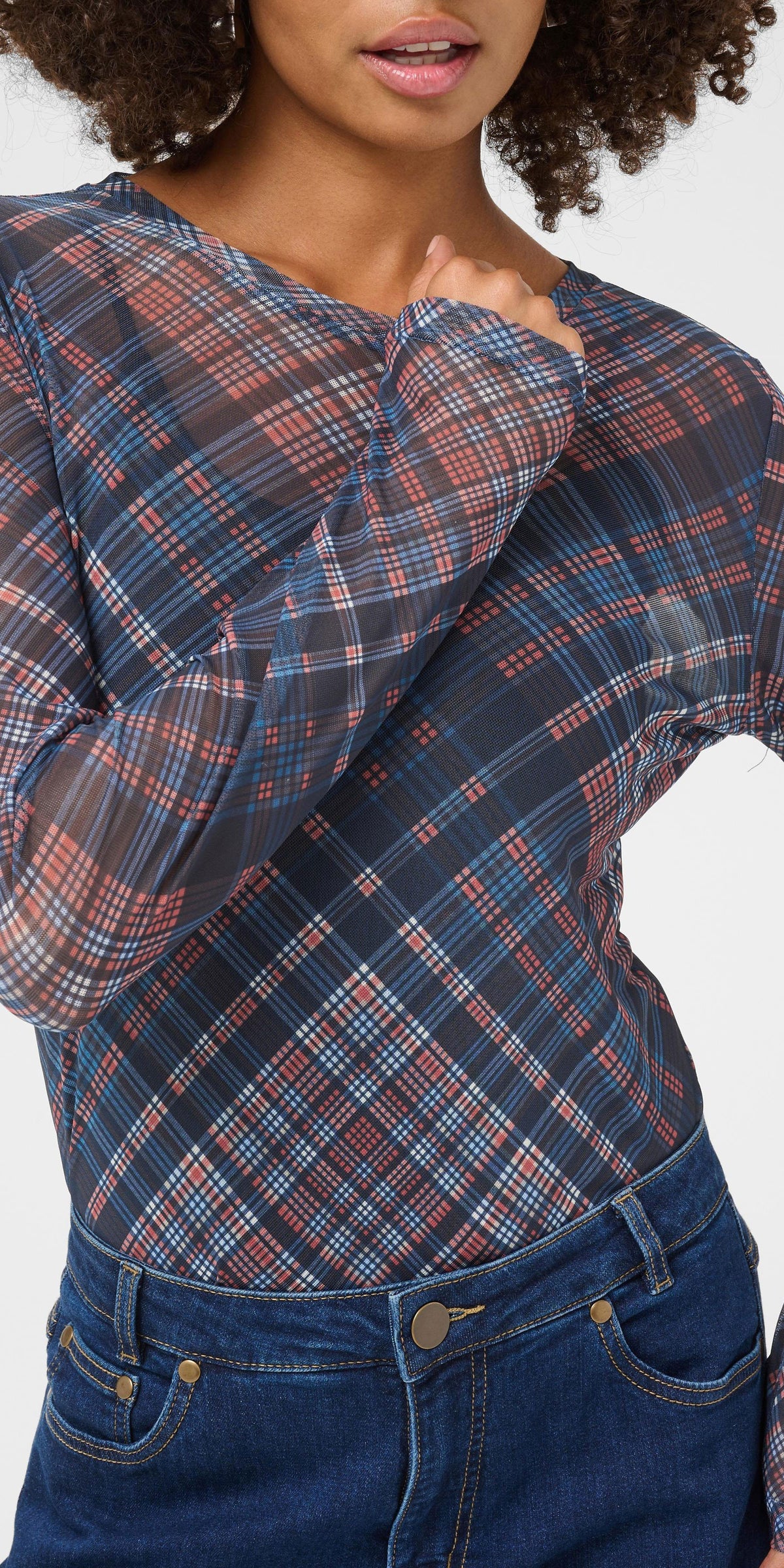 Culture Plaid Mesh Top, navy mix