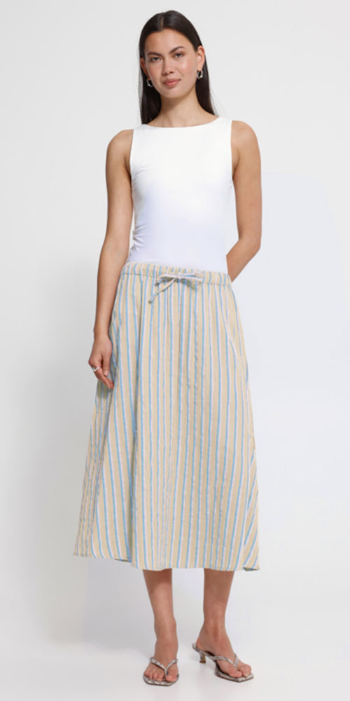 Ichi Gauzy Cotton Striped Skirt, natural/blue