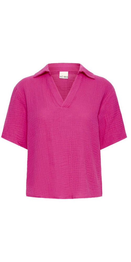Ichi Gauzy Cotton Polo Top, berry pink