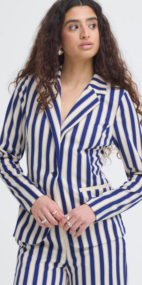 Ichi Ponte Knit Vertical Stripe Blazer, navy/cream