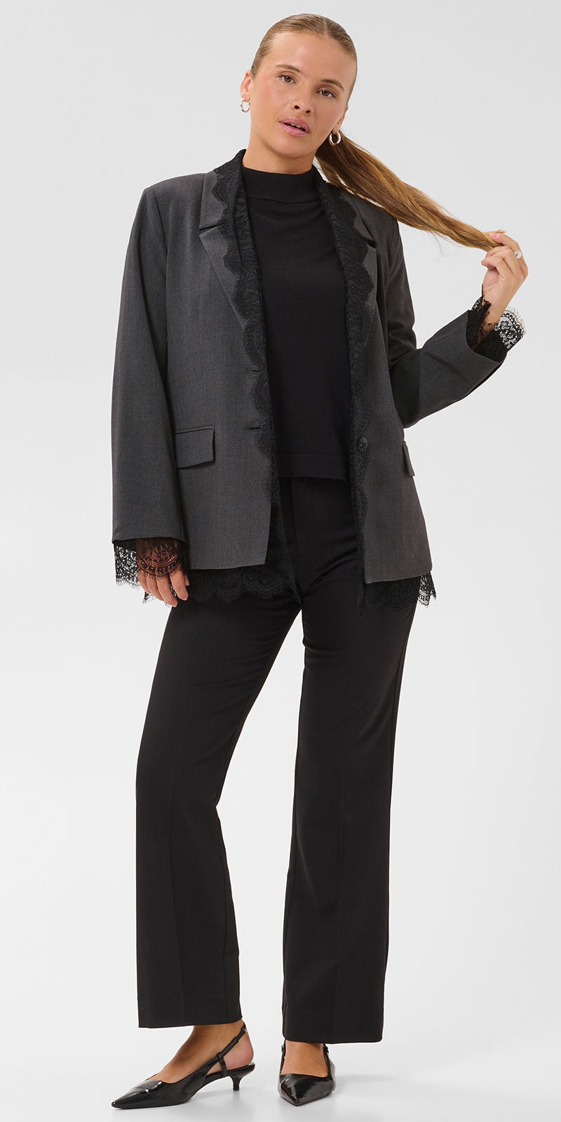 Kaffe Lace Trim Blazer, grey/black