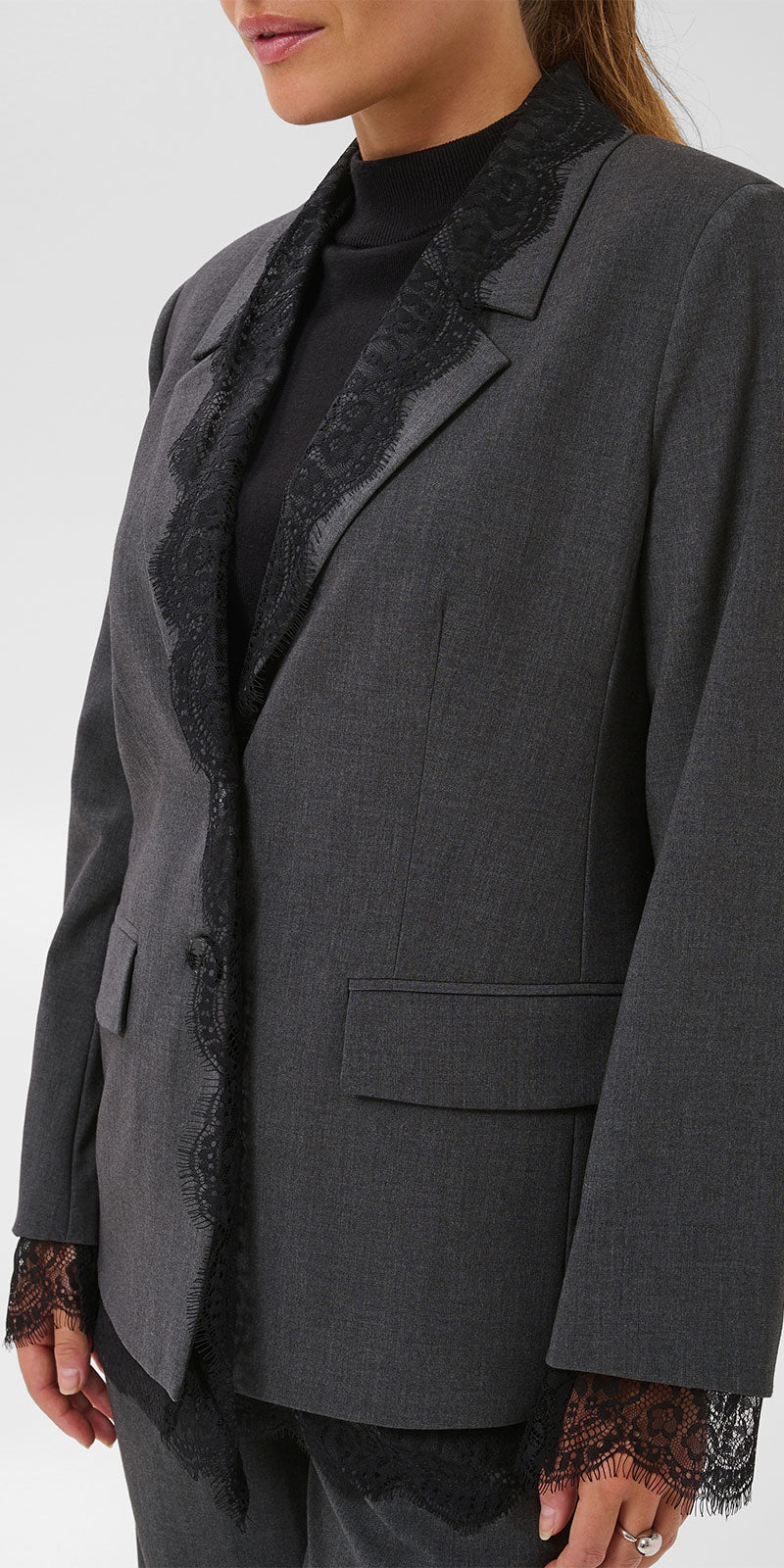 Kaffe Lace Trim Blazer, grey/black