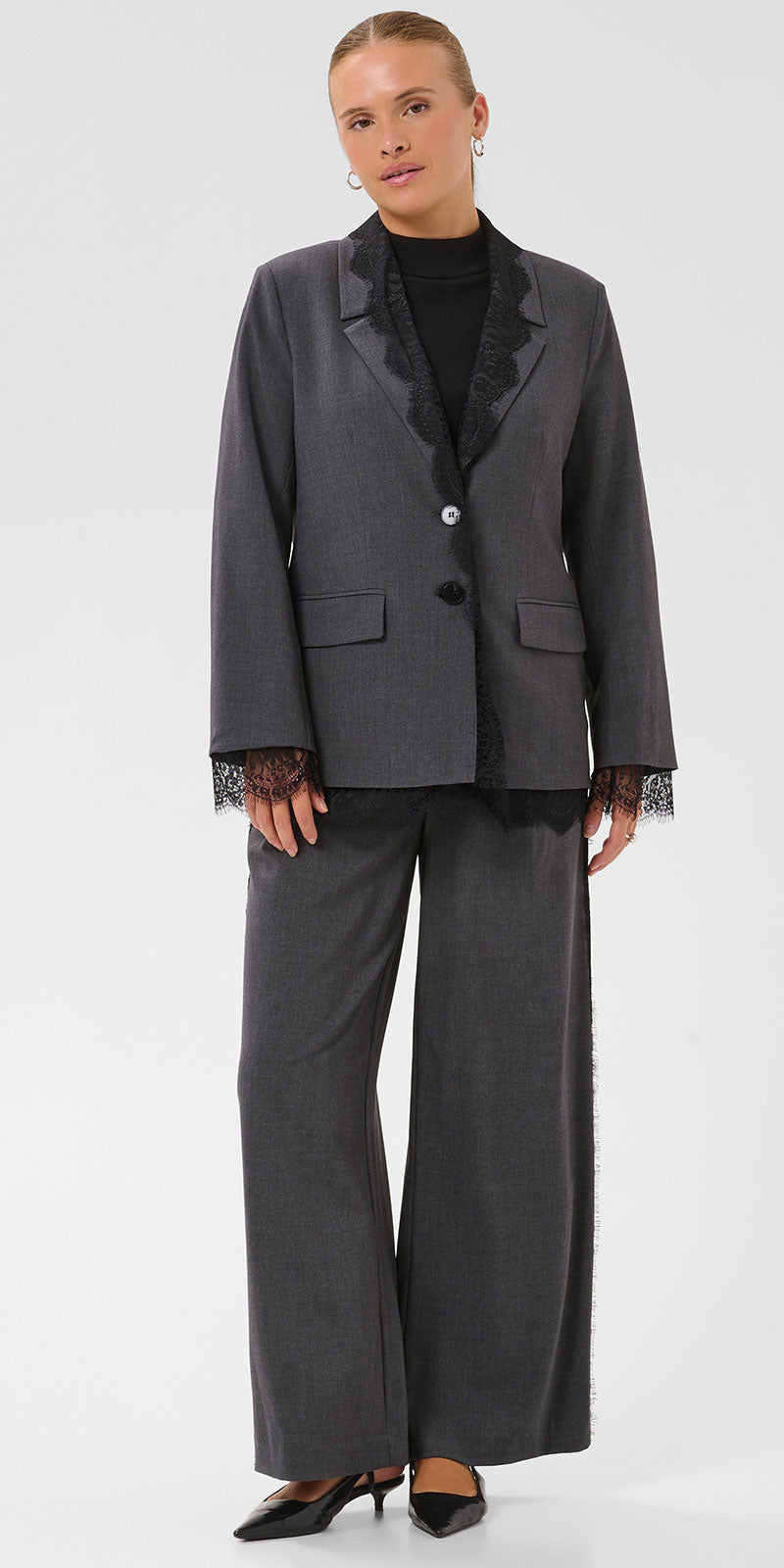 Kaffe Lace Trim Blazer, grey/black