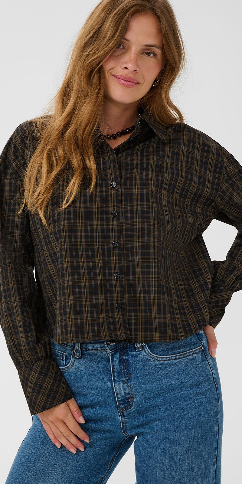 Kaffe Plaid Poplin Button Shirt, black/olive