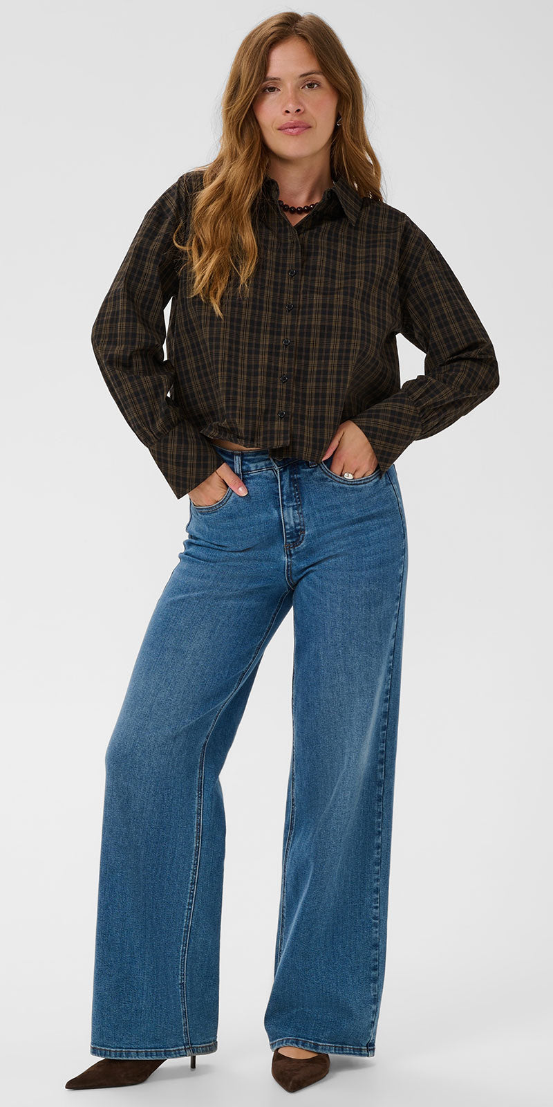 Kaffe Plaid Poplin Button Shirt, black/olive