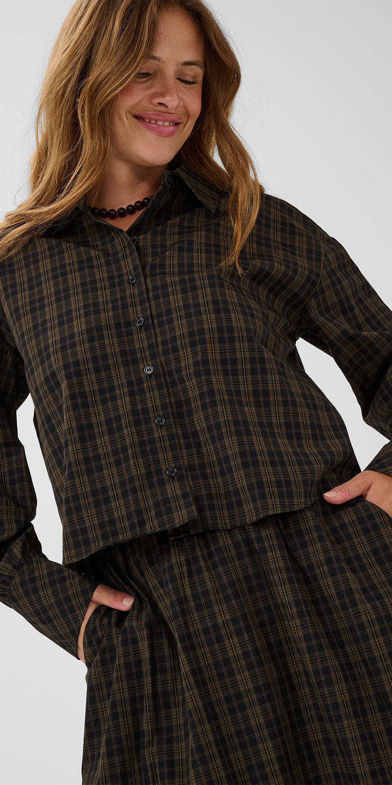 Kaffe Plaid Poplin Button Shirt, black/olive