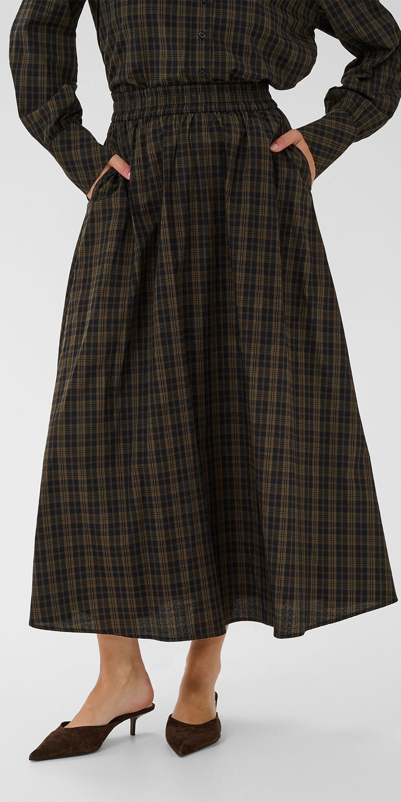 Kaffe Plaid Poplin Skirt, black/olive