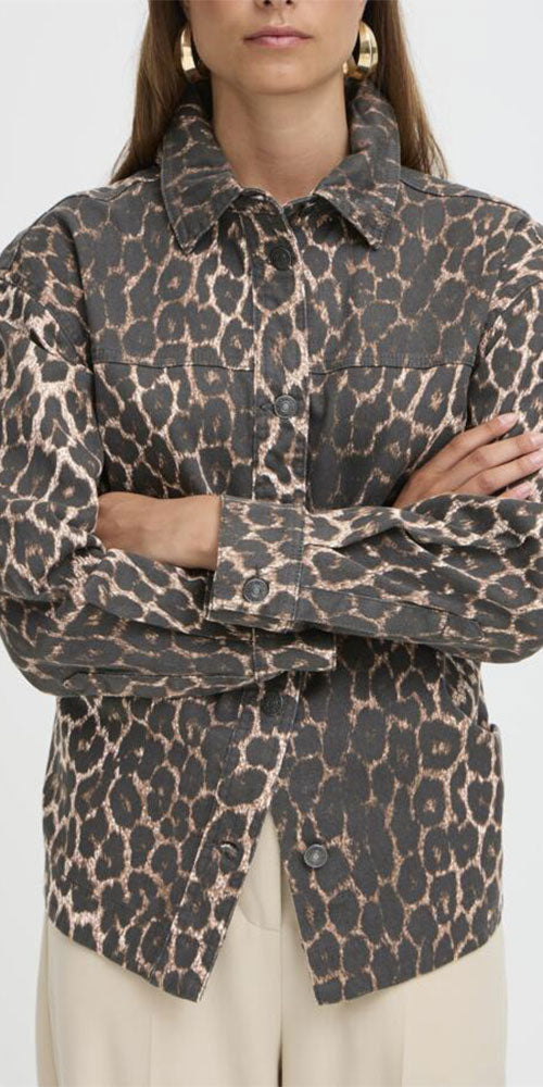 B.Young Leopard Denim Shirt Jacket