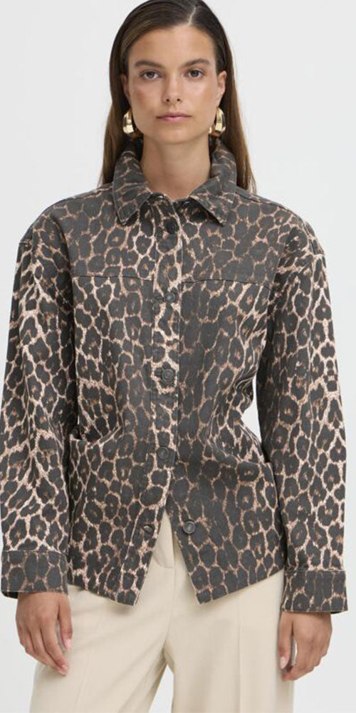 B.Young Leopard Denim Shirt Jacket