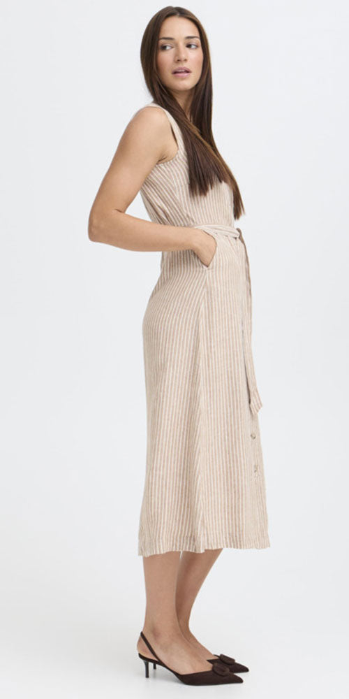 B.Young Linen Blend Button Dress, mocha stripe