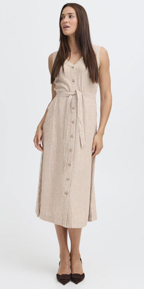 B.Young Linen Blend Button Dress, mocha stripe