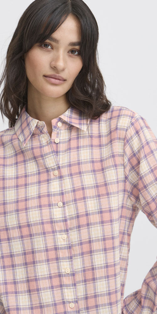 B.Young Plaid Button Up Shirt, pink/lilac