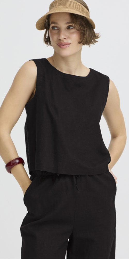 B.Young Linen Blend Shell Top, black