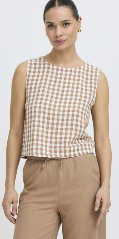B.Young Linen Blend Shell Top, taupe gingham