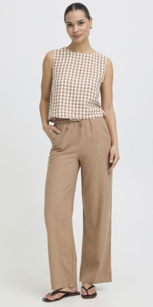 B.Young Linen Blend Shell Top, taupe gingham