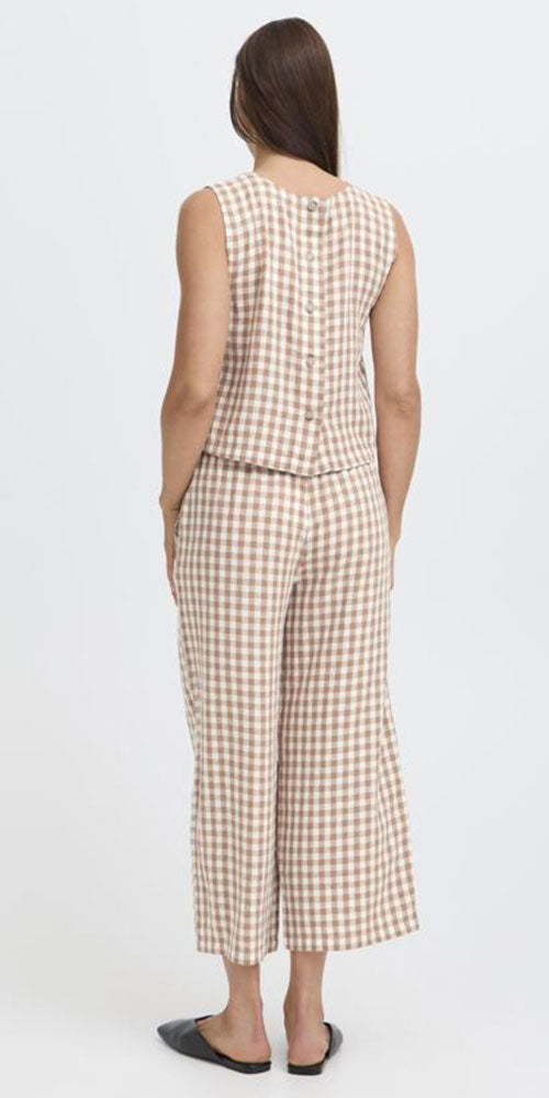 B.Young Linen Blend Shell Top, taupe gingham