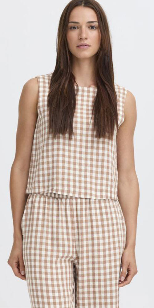 B.Young Linen Blend Shell Top, taupe gingham