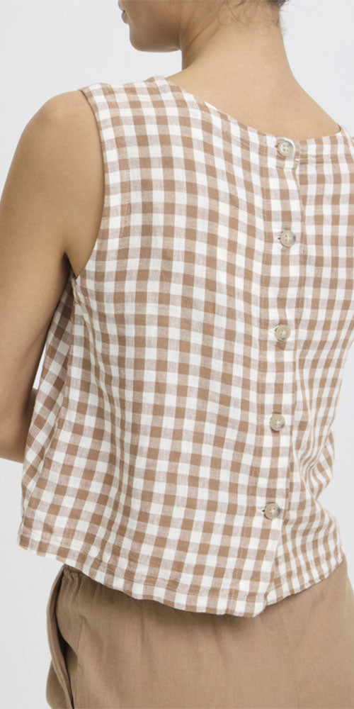 B.Young Linen Blend Shell Top, taupe gingham