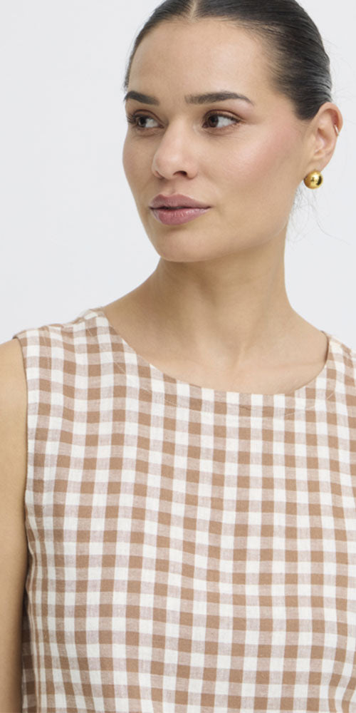 B.Young Linen Blend Shell Top, taupe gingham