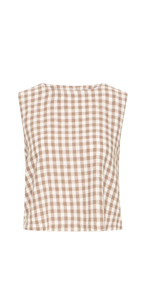 B.Young Linen Blend Shell Top, taupe gingham